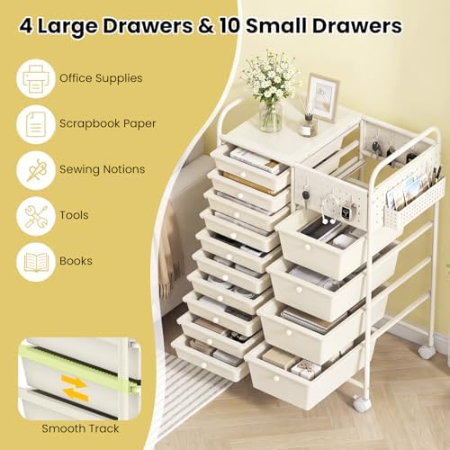 GOFLAME 14-Drawer Rolling Storage Cart with Pegboard, Craft Storage Cart with Lockable Wheels and Metal Frame, Multifunctional Art Cart Supply Storage Organizer for Home Office Classroom, White
