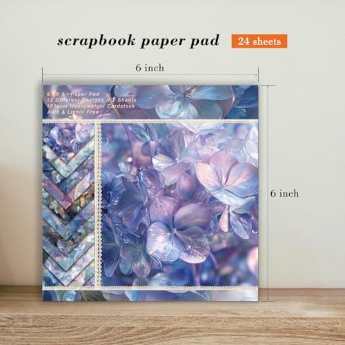Purple Flowers Scrapbooking Paper Pad - 24 Sheets 6'' x 6'' Aesthetic Patterned Decorative Collage Decoupage for Wrapping Folded Cardstock Supplies Gift Cardstock DIY Crafts Scrapbook Photo Album