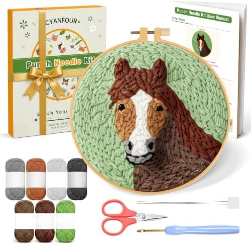 CYANFOUR Punch Needle Kit for Beginners, Horse Punch Needle Kits Adults, Craft Kits for Adults with 2 Pre-Printed Fabrics, Embroidery Hoop, Threads, DIY Gift and Home Decor 20 * 20cm