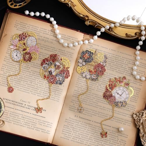 4pcs Vintage Metal Bookmark with Pendant Chain, Retro Steampunk Bookmarks, Flower & Clock Book Marks for Reading Women, Men, Kids, Book Lover, Teachers, Students