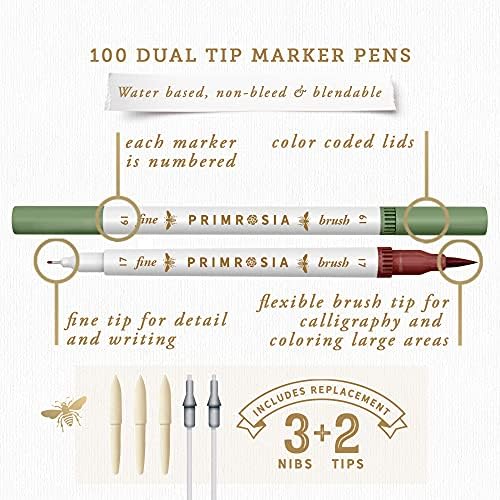 Primrosia 100 Dual Tip Marker Pens, Fineliner and Watercolor Brush Pens for Art Sketching Illustration Calligraphy or Journals Drawing Coloring
