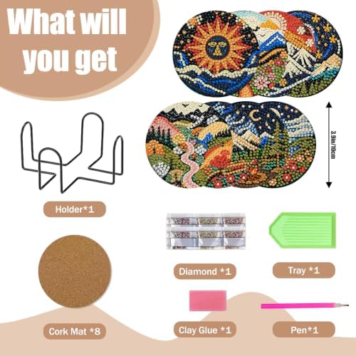 CRZMODE 8 Pcs Landscape Abstract Diamond Art Coasters Kits, Diamond Painting Coasters with Holder Set of 8, DIY Abstract Art Crafts Supplies for Adults Cup Mat House Warming Gifts Non-Slip
