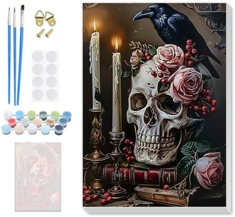 SENQAO Skull Paint by Numbers Kit for Adults Beginner, Halloween Adult Paint by Number Kits on Canvas, DIY Acrylic Oil Easy Painting by Numbers for Home Wall Decor 8X12 inch (Crow Candle)