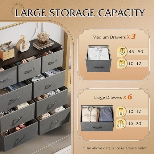 WLIVE Tall Dresser for Bedroom, 9 Drawer Chest of Drawers, Dark Grey | 9 roomy fabric drawers, Tall storage design, Bedroom or closet use, Sturdy steel frame, Smooth wood tabletop