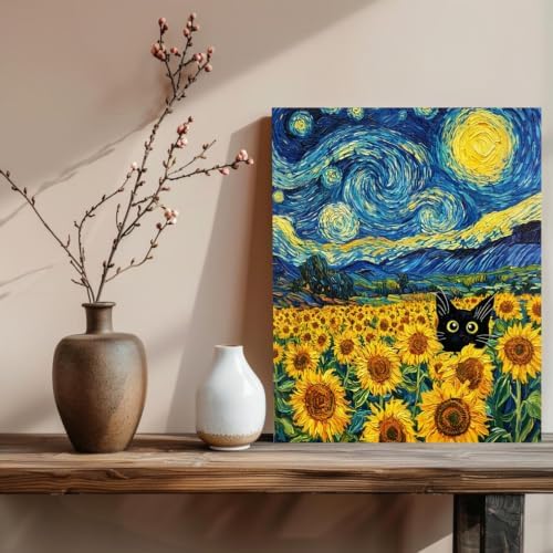 xcemhil Cat Paint by Numbers Kit for Adults, Sunflower Paint by Numbers for Adult, Starry Sky Acrylic Paint by Number Kits Suitable for Home Wall Art Decor Gifts 16x20 Inch