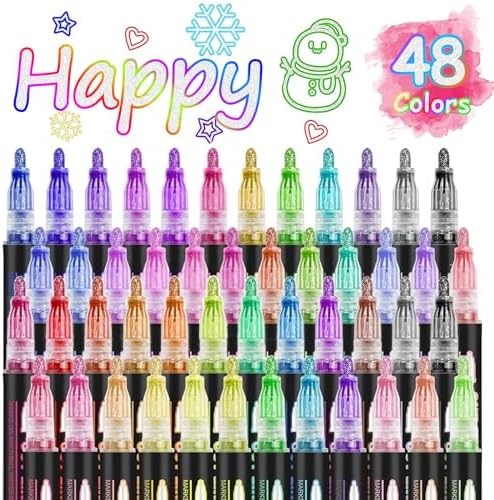 Double Line Outline Super Squiggles Glitter Markers 48 Colors - Self Outline Metallic Drawing Pens for Christmas Cards, Birthday Gifts, DIY Art Crafts