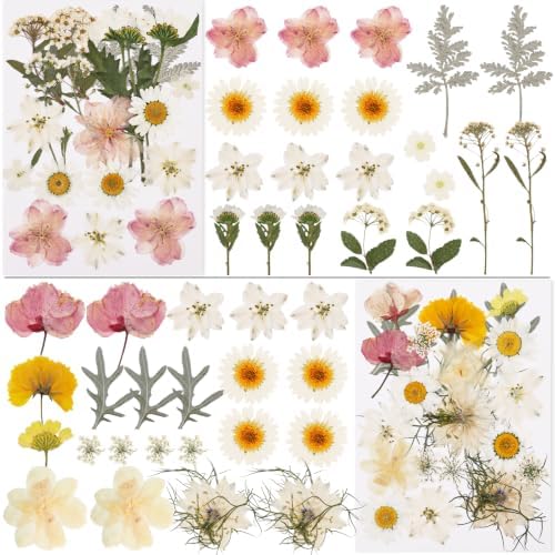 NESCCI 83 Pcs Dried Flowers for Crafts,Real Natural Dried Pressed Flowers in Soft Yellow, White & Pink Tones for Resin,Used for Scrapbooking DIY Art Crafts Candle Soap Making Nails Décor