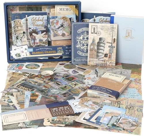 Auguro World Travel Scrapbook Kit A6 Grid Notebook Stationery Junk Journal Kit Scrapbooking Supplies Kit Craft DIY Gift for Adult Teen Girl