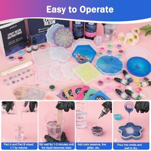 KISREL Epoxy Resin Kit for Beginners, 32oz Resin Kit with Coaster Molds, Complete Accessories Include Pigment, Mica Powders, Dried Flowers, Glitter, Measuring Cups and Other Resina Supplie