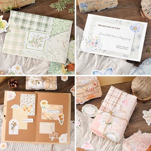 LIGHOON 400 Pcs Vintage Floral Scrapbook Paper, Floral Journaling Stickers Kit, 4 Pack Junk Journal Supplies for Bullet Journaling DIY Retro Crafts Planner Card Notebook Album
