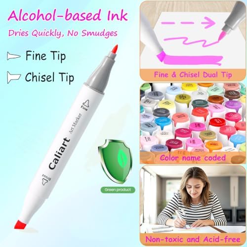 Caliart 121 Colors Alcohol Markers Dual Tip Art Marker Set Chisel & Fine | Permanent Colored Pens with Case for Beginners Artists Adults Coloring Book Sketch Illustration Painting School Supplies Gift
