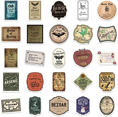 50 Pcs Potion Label Stickers Retro Aesthetic Party for Water Bottle Laptop Skateboard Luggage Guitar Car Motorcycle Bike Vinyl Waterproof Apothecary Sticker Pack Suitable