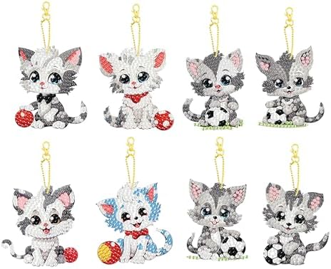 Masendp 8 Pieces Diamond Painting Keychain Animal Style Diamond Art Jewelry Double Sided 5D Diamond Painting Kit for Beginners Adult DIY Art Craft Gifts Home Decor (Football & Cat)