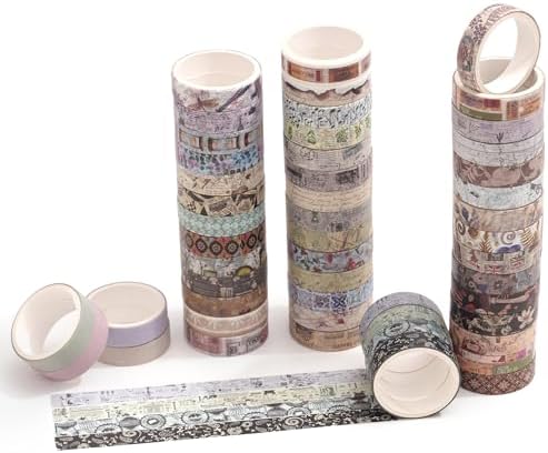 YUBBAEX Vintage Washi Tape Pack 50 Rolls Retro Printed Masking Tape Antique Patterns Decorative for Arts, DIY Crafts, Journal Supplies, Planners, Scrapbook, Card/Gift Wrapping