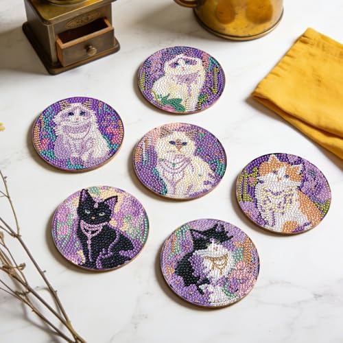 Leatrice Small Diamond Art Coasters Set Diamond Painting Kits for Adults Cat Diamond Dots Coasters Beginners Women Gem Art Coasters with Holder Funny Crafts Supplies for DIY Home Decor