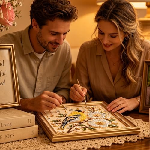 Pearl Art Kits for Adults Bird Flower DIY Beaded Embroidery Kits with Crystal Rhinestones Pearl Painting Craft Kit with Pre-Printed Canvas Handmade Home Wall Decor Gift (Yellow Bird)