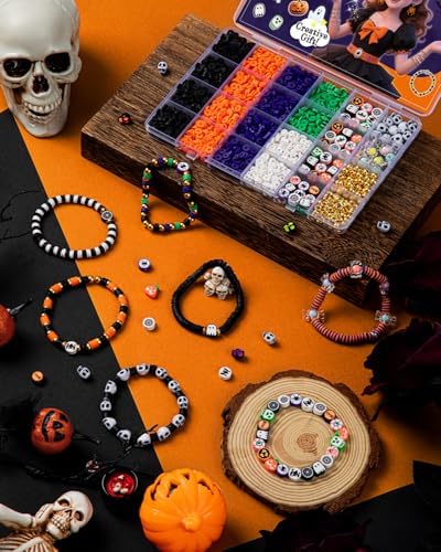 Taybonds Halloween Clay Beads Friendship Bracelet Making Kit for Party, Jewelry Making Kit with Polymer Clay Charms and Skull for Bracelets, Gifts