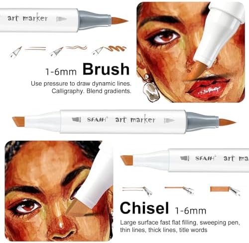 SFAIH Skin Tone Alcohol Markers Brush & Chisel [25 Diverse Portrait Colors] | Soft Reversible Brush Art Markers for Portrait Hair Skin Anime Character, Seamless Blending - Artists/Creators & Refillable