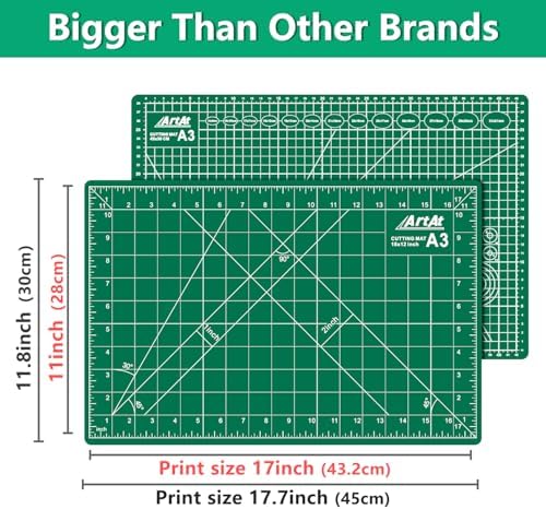ArtAt A3 Self Healing Cutting Mat 12''x18'' 5 pack | Double-Sided 5-Ply Craft Cutting Board with Grid ,Slip-Resistant Cutting Mat for Fabric,Quilting, Crafts & Hobbies(Green)