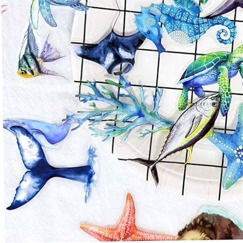 50pcs Ocean Animal Stickers for Laptop Water Bottles, Transparent PET Waterproof Adhesive Fish Decals Under The Sea Marine Life Sticker for Kids Birthday Party Scrapbook Phone (Blue)