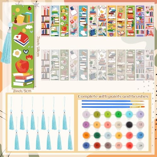 Kosiz 12 Pcs Book Paint by Number Kit for Adult Wood Bookmark | Mini Paint by Numbers Kit, Painting Decor, Back to School Tassels Blank Bookmark, for Small DIY Craft Book Lovers Gift 7x2 ''