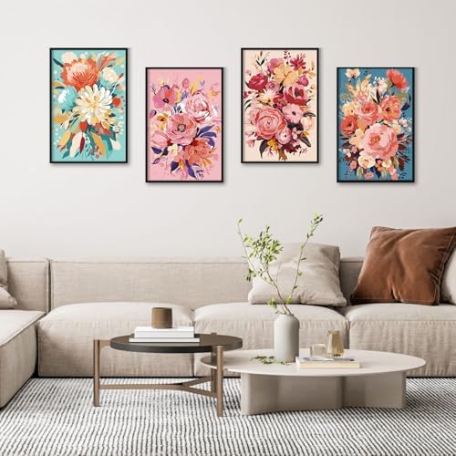 Camocin 4 Pack Framed Paint by Numbers Kit for Adults with Wooden Easel | Floral Bouquet Artwork, Pink Flowers Wall Decor, DIY Canvas Painting Set, Home Wall Decor, Beginner Friendly, 8x12 Inch
