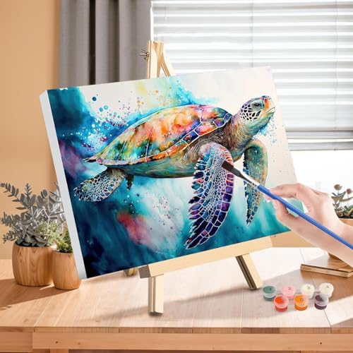 Sea Turtle Paint by Numbers for Adults with Framed Canvas - Wooden Easel