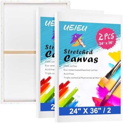 Stretched Canvas for Painting 24 x 36 Inch, 2 Pack Large Blank Canvas, Triple Primed Acid-Free Cotton, Professional Canvas for Acrylic Oil Pouring & Wet Media