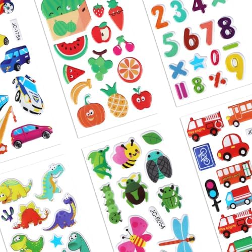 20 Sheets Puffy 3D Stickers for Kids & Toddlers, Variety Adhesive Sticker | Includes Animals Numbers Letters Fruits for Scrapbooking Journal Water Bottle DIY Craft (Boy Style)