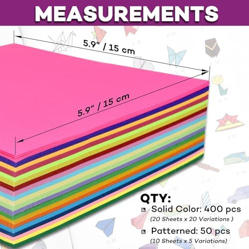 Pinwheel Crafts Origami Kit for Kids Ages 5-12 with 450 Sheets, 50 Projects | 400 solid color sheets in 20 colors, 50 Japanese pattern sheets, 50 projects, guide book, 6x6 inch double sided
