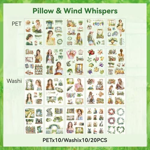 Grass Pillow Breeze Sticker Scrapbooking Supplies for Junk Journal, 20 Sheets PET Stickers - Vintage Journaling Stickers
