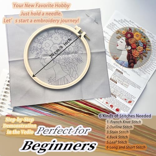 FONNUY Floral Women Embroidery Kit for Beginners, Colorful Long Hair Girl Pre-Stamped Pattern Kits for Adults with Hoop, Thread Needlework, 8'' Hoop (Brown)