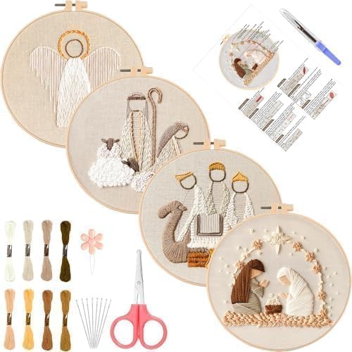 YOUDRN Nativity Scene Embroidery kit, 4 Set Christmas Embroidery Kits