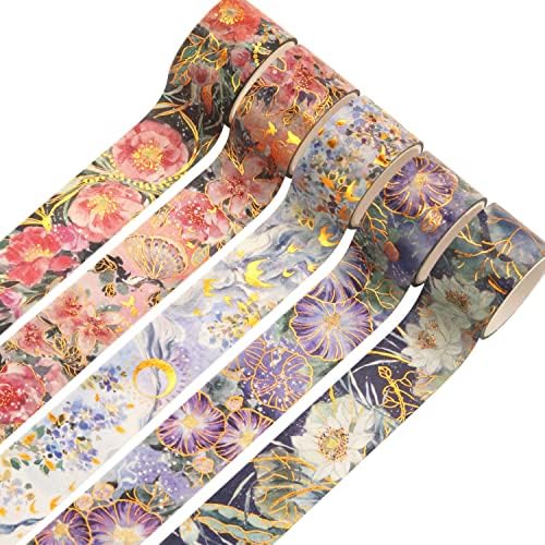 YUBBAEX Blooming Washi Tape Set Gold Foil Masking Tape Peony Wide Decorative for Arts, DIY Crafts, Journal Supplies, Planners, Scrapbook, Card/Gift Wrapping -25mm- (Purple Flowers)