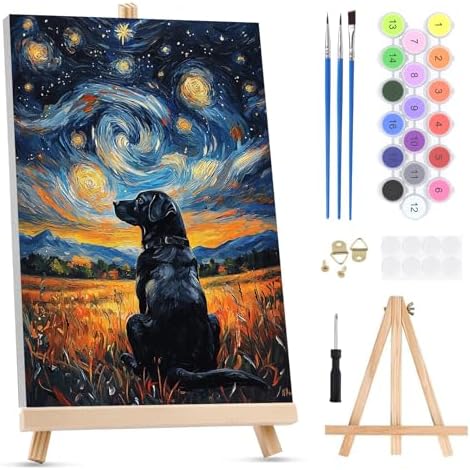 KEYIFA Paint by Numbers for Adults on Framed Canvas - with Wooden Easel, Starry Sky Painting by Number Kit for Beginners, DIY Labrador Acrylic Paint-by-Number Kits for Home Wall Decor (8x12 inch)