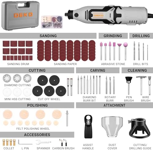 Rotary Tool Kit:DEKOPRO 1.4-Amp Power Hand Rotary Tools with 6 Variable Speed, 127pcs Accessories, 8000~35000RPM Electric Grinder Drill Machine Set with Flex Shaft for Carving, Cutting, Sanding Gray