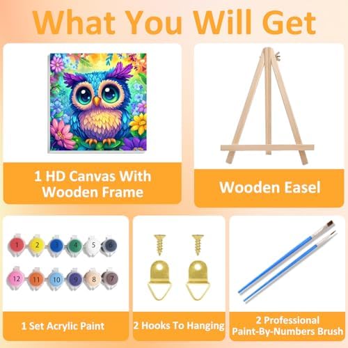 Owl Paint by Numbers Kit for Kids, 8x8 inch