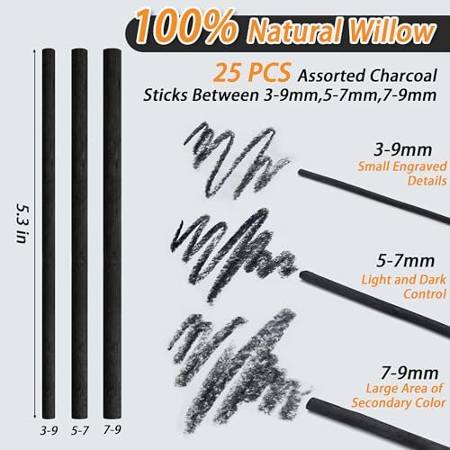 Willow Charcoal Sticks, Natural Willow Charcoal Pencils for Artists, Beginners, Students, Great for Sketching, Drawing, and Shading, Pack of 25 (3-9, Millimeters)