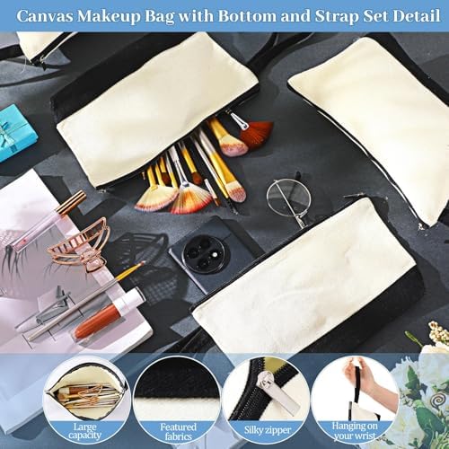 Silkfly 15 Pcs Cotton Canvas Makeup Bags Cosmetic Zipper Bags 10.2 x 5.5 x 2'' Blank DIY Pouch Bulk Pencil Case with Bottom Travel Toiletry Pouch for Women Craft Decor Gift (Classic Color)