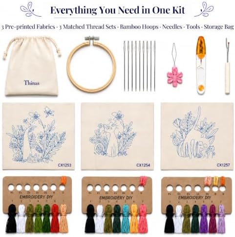 Thinas Embroidery Kit for Beginners Adults, 3 Pack Stamped Cat Cross Stitch Starter Set with Patterns & Video Tutorial, DIY Sewing Craft Supplies for Cat Lovers, Home Decor Gift Idea