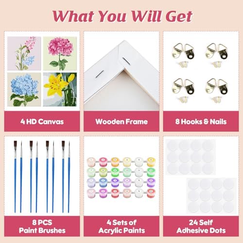 Genius maker Paint by Number for Adults Beginners, 4 Pack DIY Adult Paint by Number Kits on Canvas Framed, Flowers Color by Numbers Acrylic Oil Painting Number Kits Crafts for Home Wall Decor 8x8inch