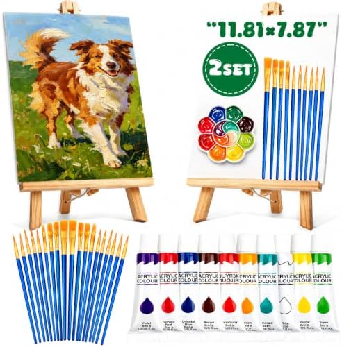 Painting Kit 2 Person Acrylic Art Set with Canvas, Easel, Brushes & Paints, DIY Creative Gift for Beginners