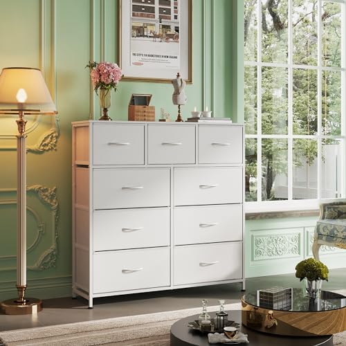 WLIVE Tall Dresser for Bedroom, 9 Drawer Chest of Drawers, White | 9 roomy fabric drawers, Tall storage design, Bedroom or closet use, Sturdy steel frame, Smooth wood tabletop