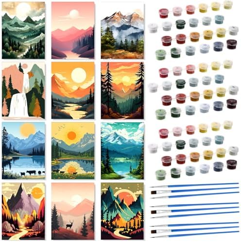 Humyoun 12 Pack 9 x 12 Inch Paint by Numbers Kit for Adults Beginners DIY Acrylic Oil Painting Paint by Number Kits Drawing Paintwork on Canvas Without Frame for Home Decor(Mountain Style)