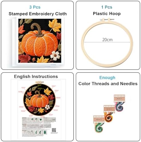 Konrisa Pumpkin Embroidery Kits, Stamped Embroidery Starter Kit for Adult with Hoop,Needlepoint Cross Stitch Kit,Set of 3