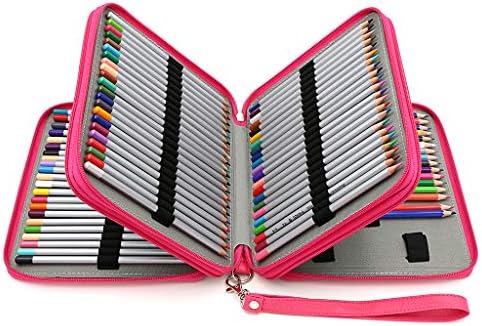BTSKY Deluxe PU Leather Pencil Case For Colored Pencils - 120 Slot Pencil Holder with Handle Strap Handy Colored Pencil Box Large (Rose Red)