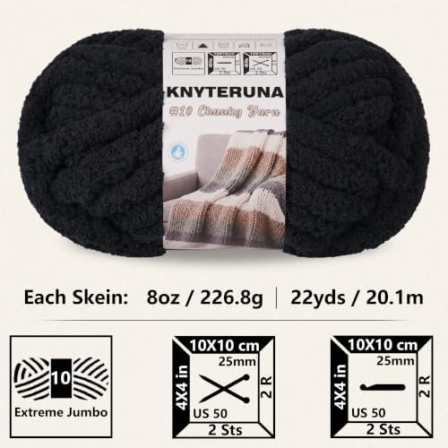 Chunky Yarn for Hand Knitting, #10 Chunky Blanket Chenille Yarn, Large Bulky Thick Jumbo Yarn, Super Chunky Knit Yarn for Crocheting, 8 Skein (8 oz 22 yds Each Skein), Black