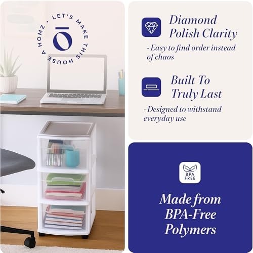 HOMZ Drawer Tower 3-Tier Storage Cart, Removable Wheels, White Frame,2 Pack