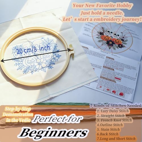 FONNUY Halloween Embroidery Kits for Beginners,Skull Pumpkin Spider Web Floral Stamped Cross Stitch Kit for Adults, Spooky Season Boho Wall Decor, 8'' Hoop (Skull)