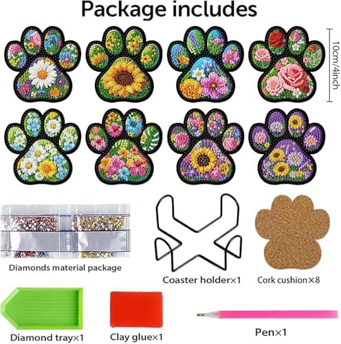 ijbnhd 8 Pcs Diamond Art Coasters Kits Dog Paw 4x4 inch (Cork Wooden Pad)